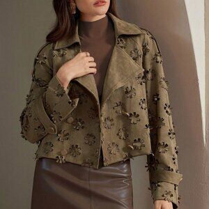 Khaki Casual Women's Collar 3d Laser Floral Embossed Jacket Coat